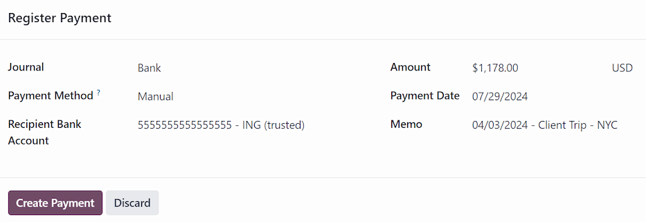 为个人费用报告报销填写的 **Register Payment** 弹出窗口。