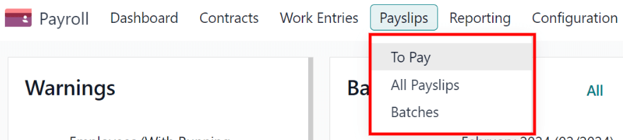 工资单菜单选择在薪资模块中。