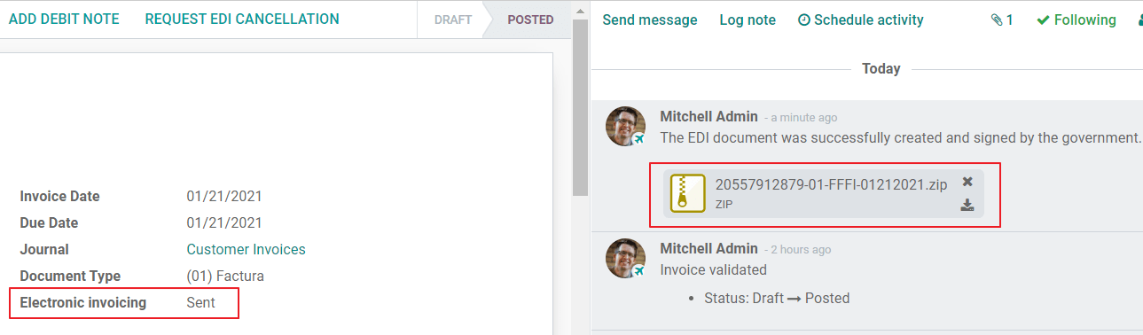 发票有效时在 chatter 上的消息。