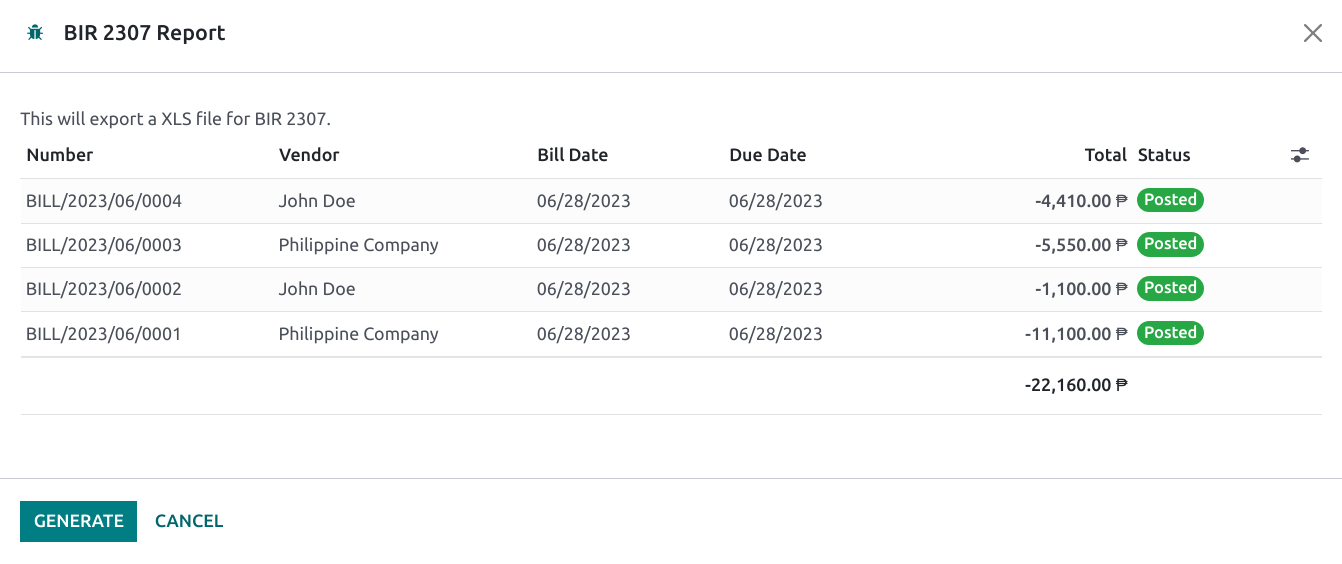 弹出菜单以生成BIR 2307 XLS文件。