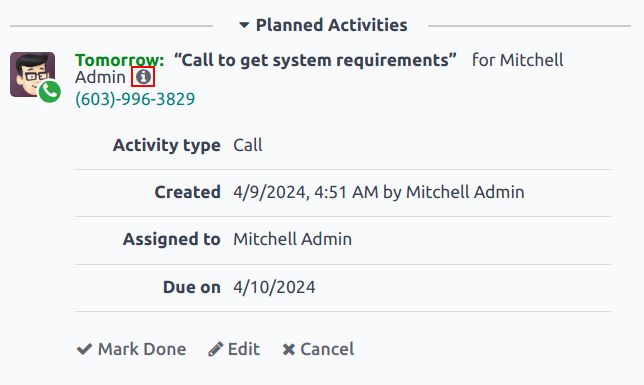 计划活动的详细视图。