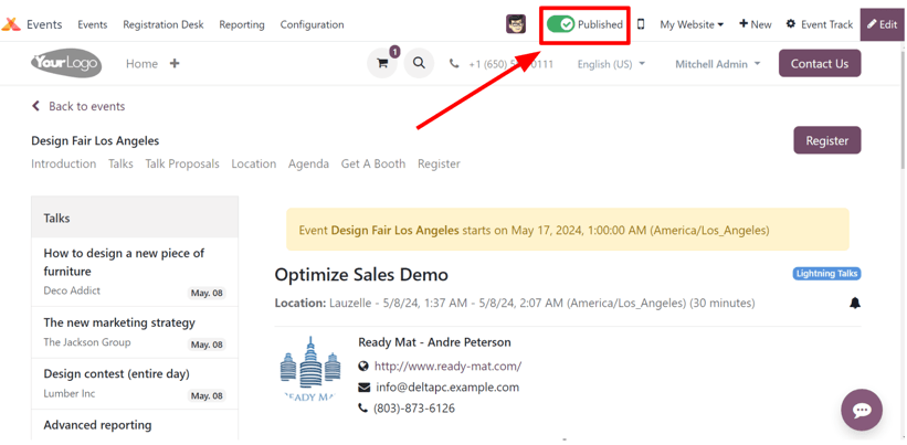 使用 Odoo Events 构建的活动网站上与轨道相关的活动子菜单选项。
