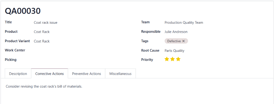 关于衣帽架产品问题创建的质量警报。