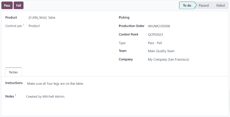 一份针对通过 - 失败检查填写的质量检查表单。