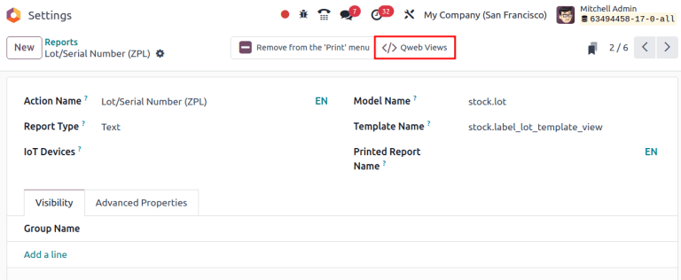 在批次和序列号（ZPL）报告上显示 Qweb 智能按钮。