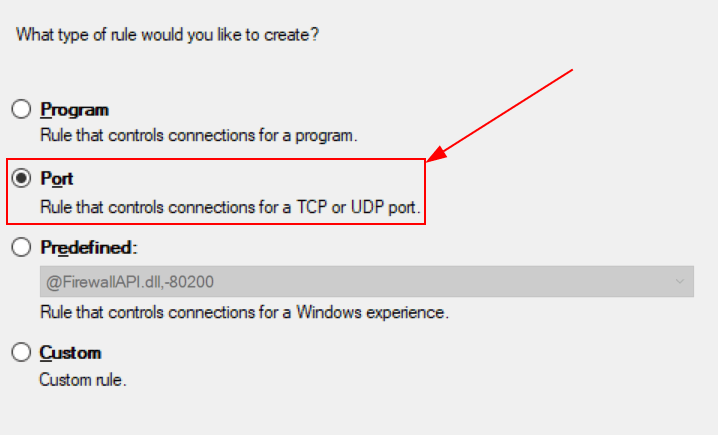 规则类型窗口打开，端口旁边的单选按钮高亮显示。