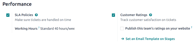 概述 Odoo Helpdesk 中帮助台团队的设置页面，重点介绍工单评分功能。