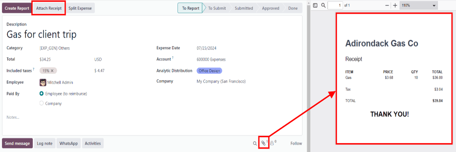 附上收据，它将出现在聊天中。