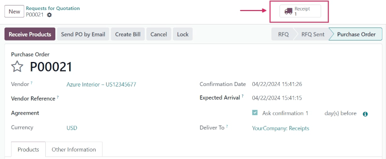 确认采购订单后，将出现一个“收货”智能按钮。