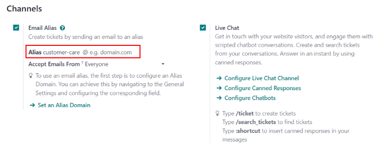 Odoo Helpdesk 中强调电子邮件别名功能的帮助台团队设置页面视图。