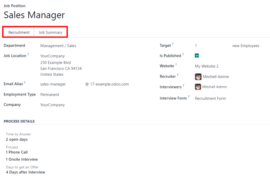 在招聘选项卡中输入职位信息详情。