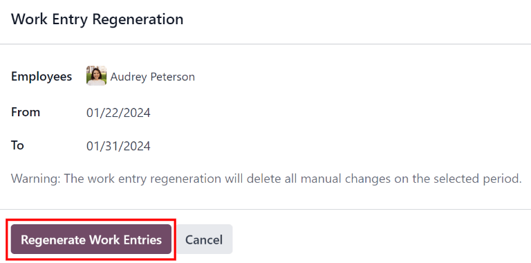 为特定员工重新生成工作条目。