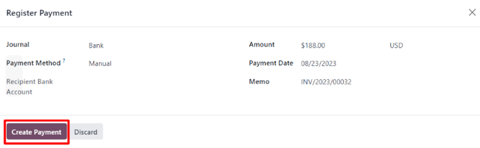 Odoo 销售模块中客户发票上的登记付款弹出窗口。