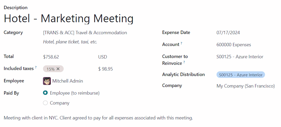 确保在费用中提到要开具发票的客户。