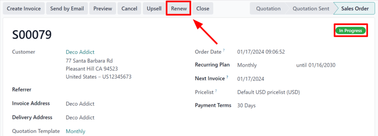 Odoo 订阅中订阅销售订单上的续订按钮。