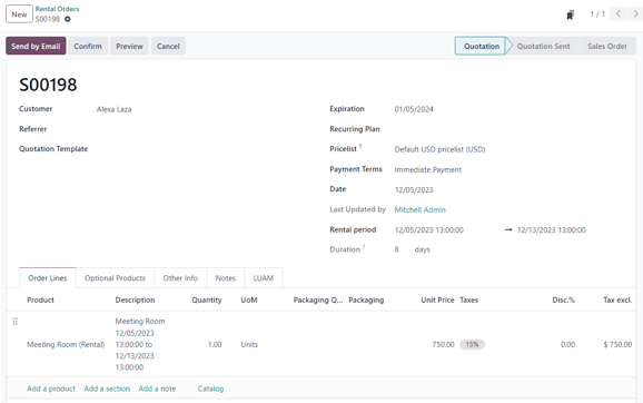 Odoo 租赁应用程序中提供的已填写租赁订单示例。