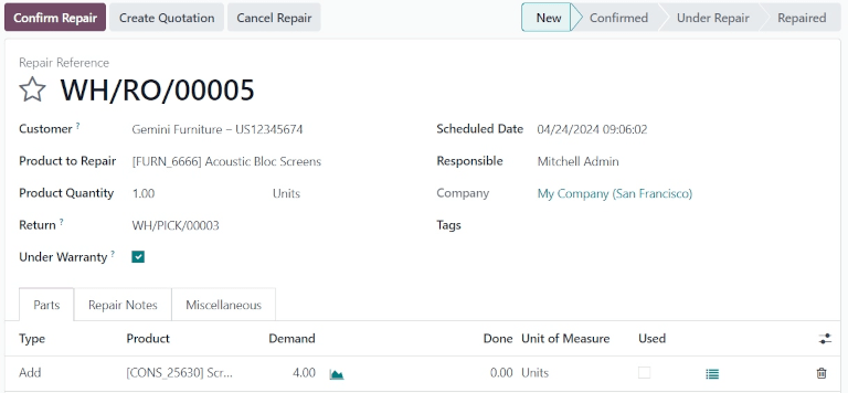 空白维修订单表单的右侧。