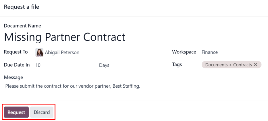 文件请求表单，所有字段均已填写完毕，用于请求合同。