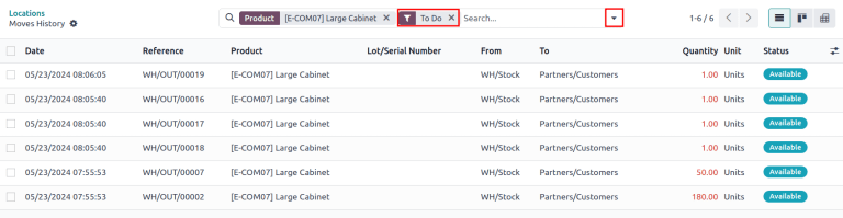 显示 *Moves History* 页面，展示已预留产品的待办交货记录。