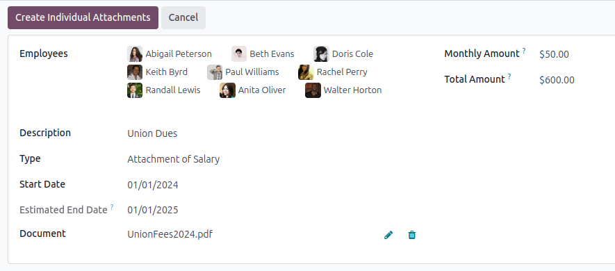 工资附件表单，所有字段均已填写完毕。