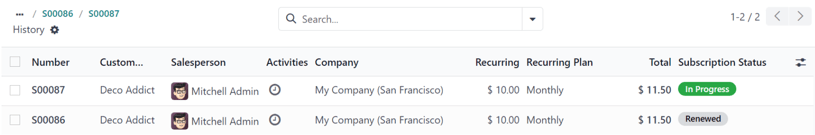 Odoo 订阅应用中的续订报价。