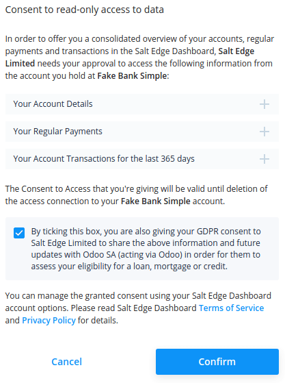 Salt Edge授权页面。