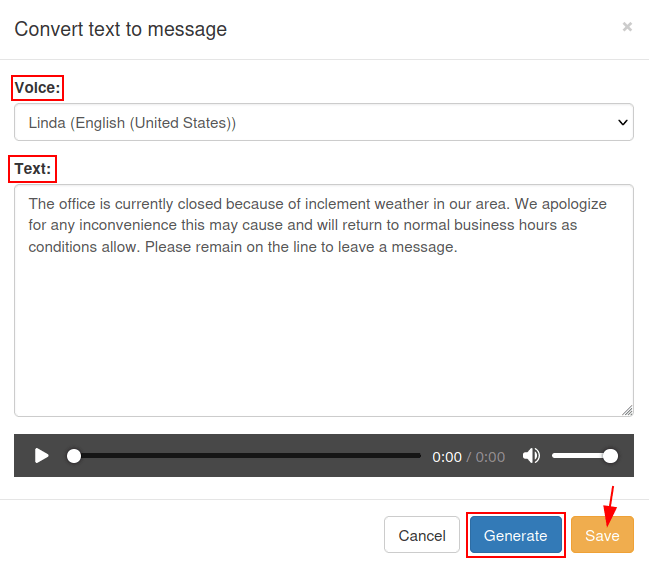 将文本转换为带有语音、文本、生成按钮和保存高亮显示的消息窗口。