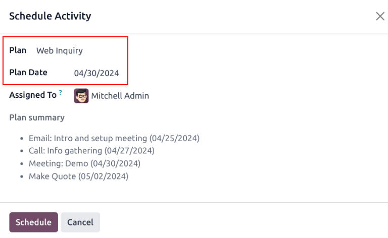 已选择活动计划的安排活动弹出窗口。