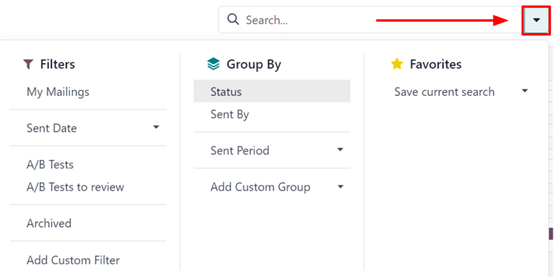 查看 Odoo 电子邮件营销应用程序中的 "按分组" 下拉菜单视图。
