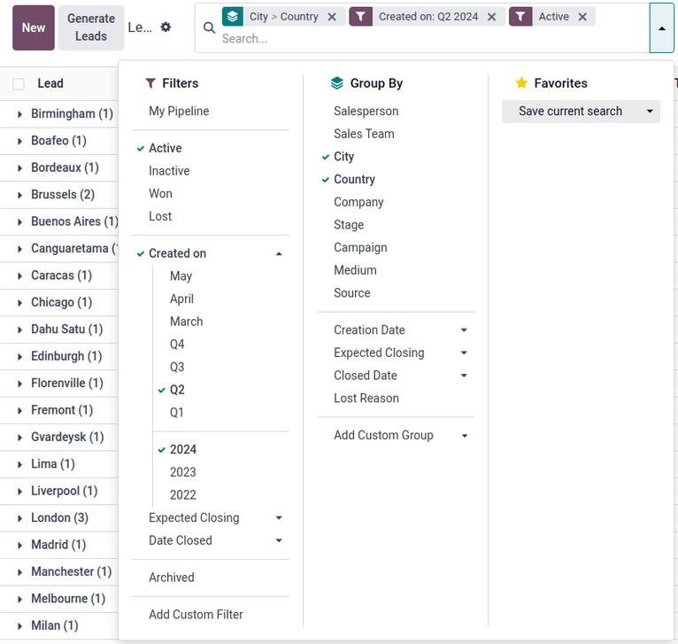 在搜索选项中选择任意数量的过滤器和分组。