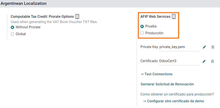 选择AFIP数据库环境：测试或生产。