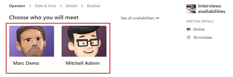 点击“安排我的面试”后看到的第一个屏幕，申请人在这里选择他们的 面试官。