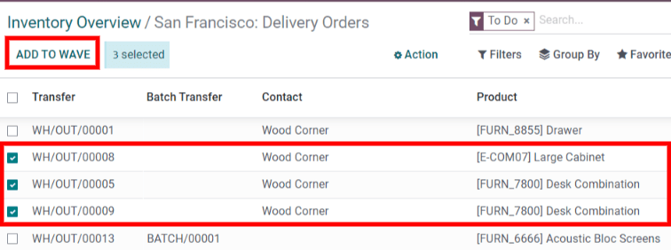 选择要添加到波次的行。