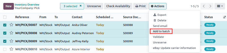 使用 *添加到批次* 按钮，从 *操作* 按钮的列表中选择。