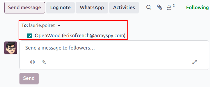 一个 chatter 编辑器正准备向 CRM 商机的关注者以及 商机记录中列出的客户发送消息。
