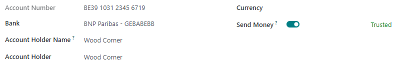 供应商银行账户示例，其中 "Send Money" 切换按钮已切换为 "trusted."
