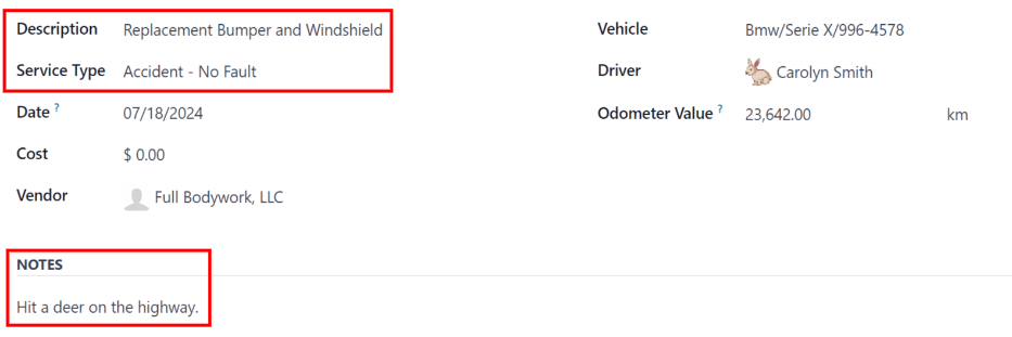 输入事故维修的信息。