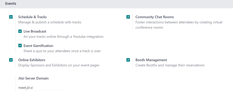 Odoo Events 应用程序中 Odoo Events 设置页面上的 *Events* 部分。