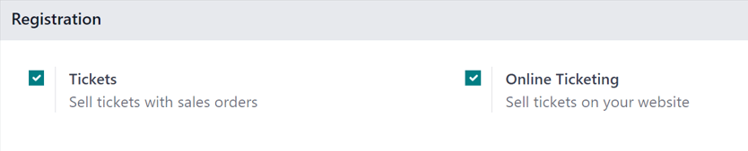 Odoo Events 应用程序中 Odoo Events 设置页面的 **注册** 部分。