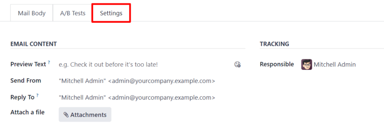 在未激活设置的情况下查看 Odoo 电子邮件营销应用程序中的设置选项卡。