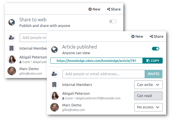 共享菜单与在线共享的URL以及成员列表。