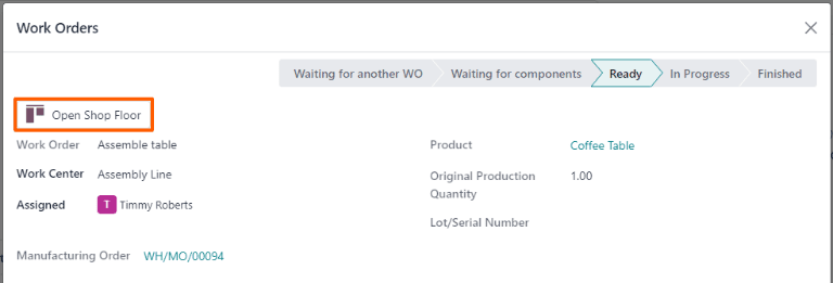 制造订单上工单的 Open Shop Floor 按钮。