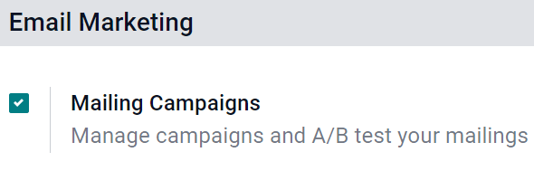 Odoo中邮件营销设置的视图。