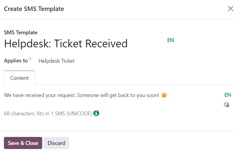 在Odoo Helpdesk中查看短信模板设置页面