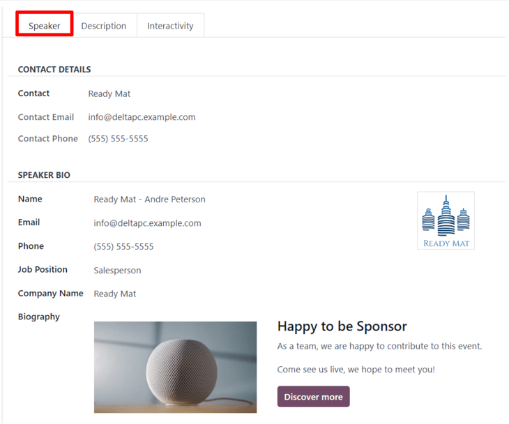 Odoo 活动应用程序中活动轨迹表单上的 *演讲者* 标签。