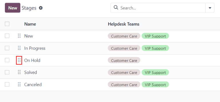 阶段列表页面的视图，突出显示了用于更改阶段在列表中 显示顺序的按钮。