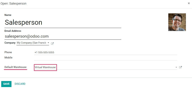 员工表单上的默认仓库位置。