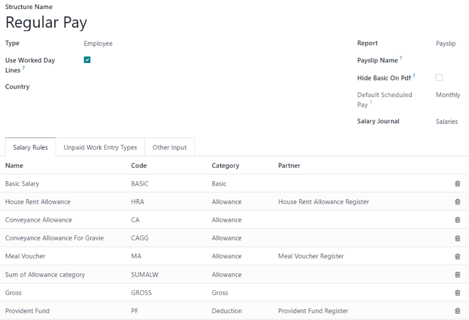 常规工资的薪资结构详情，列出所有具体的薪资规则。