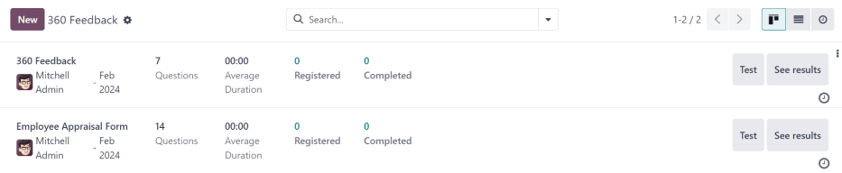 评估应用中所有可用调查的列表视图。