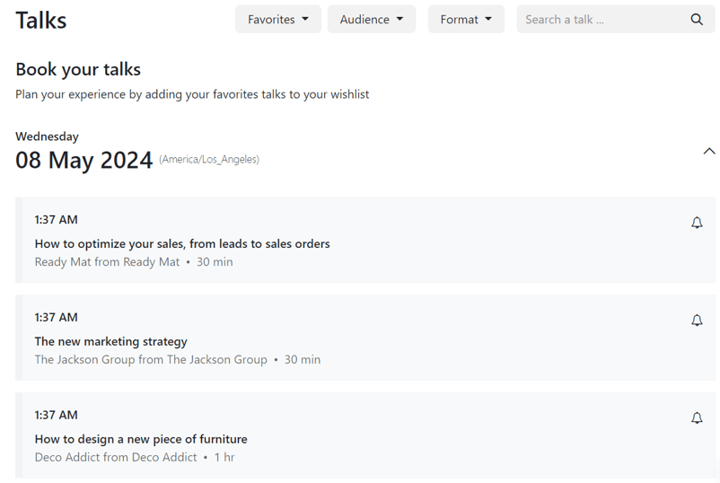 通过 Odoo Events 应用程序构建的活动网站上的 Talks 页面。